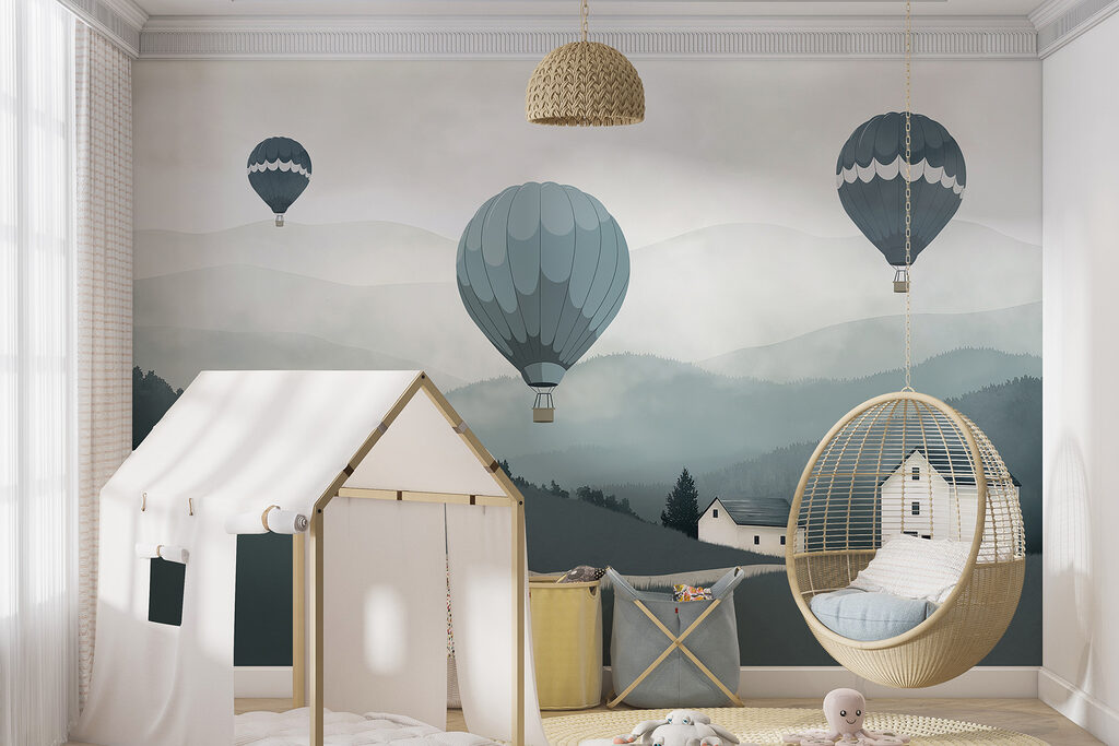 Mongolfiere su colline grigie — ambiente 1