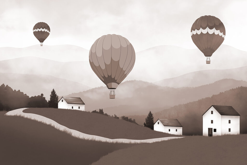 Mongolfiere su colline grigie — design completo