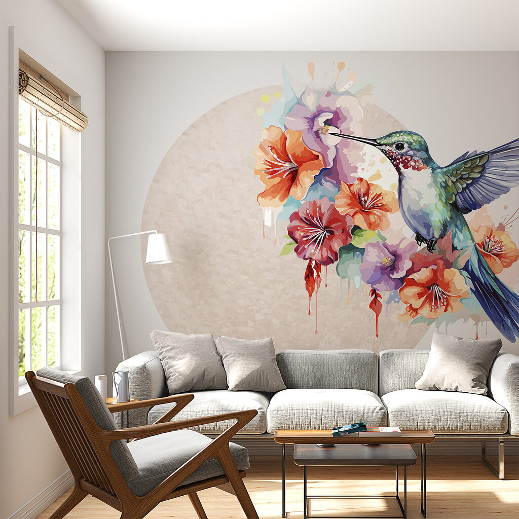 Colibrì e cerchio colorato in un ambiente