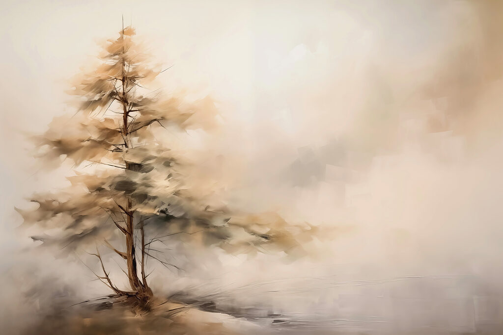 Albero solitario, nebbia calda — design completo