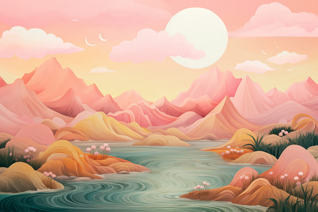 Fiume tra montagne rosa — design completo