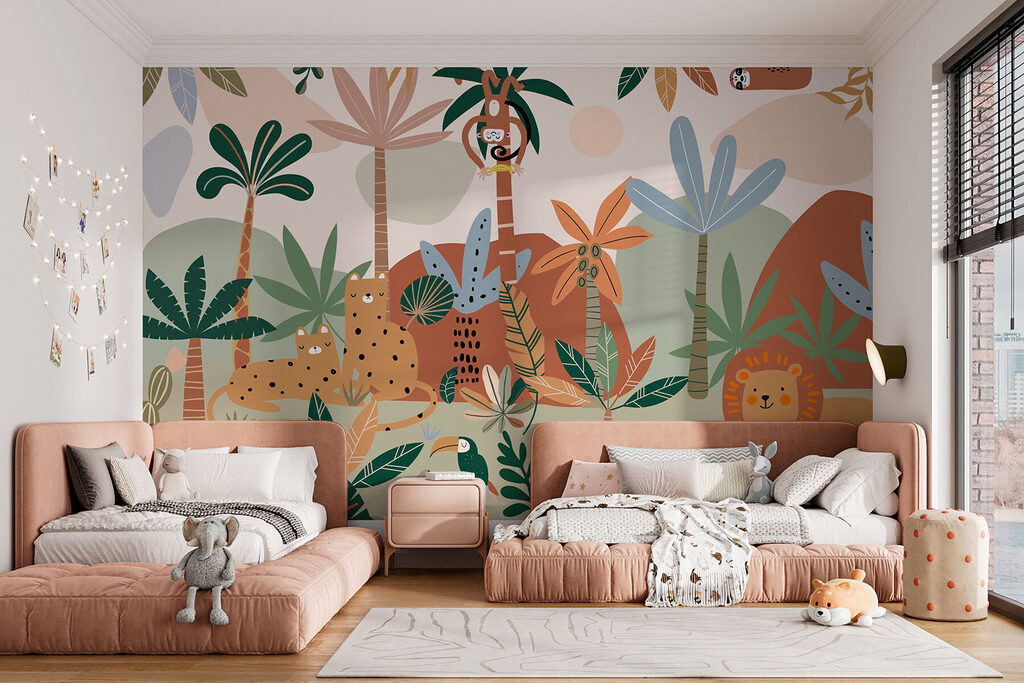 Giungla di animali disegnati in un ambiente