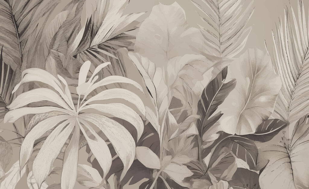 Foglie tropicali grigie — design completo