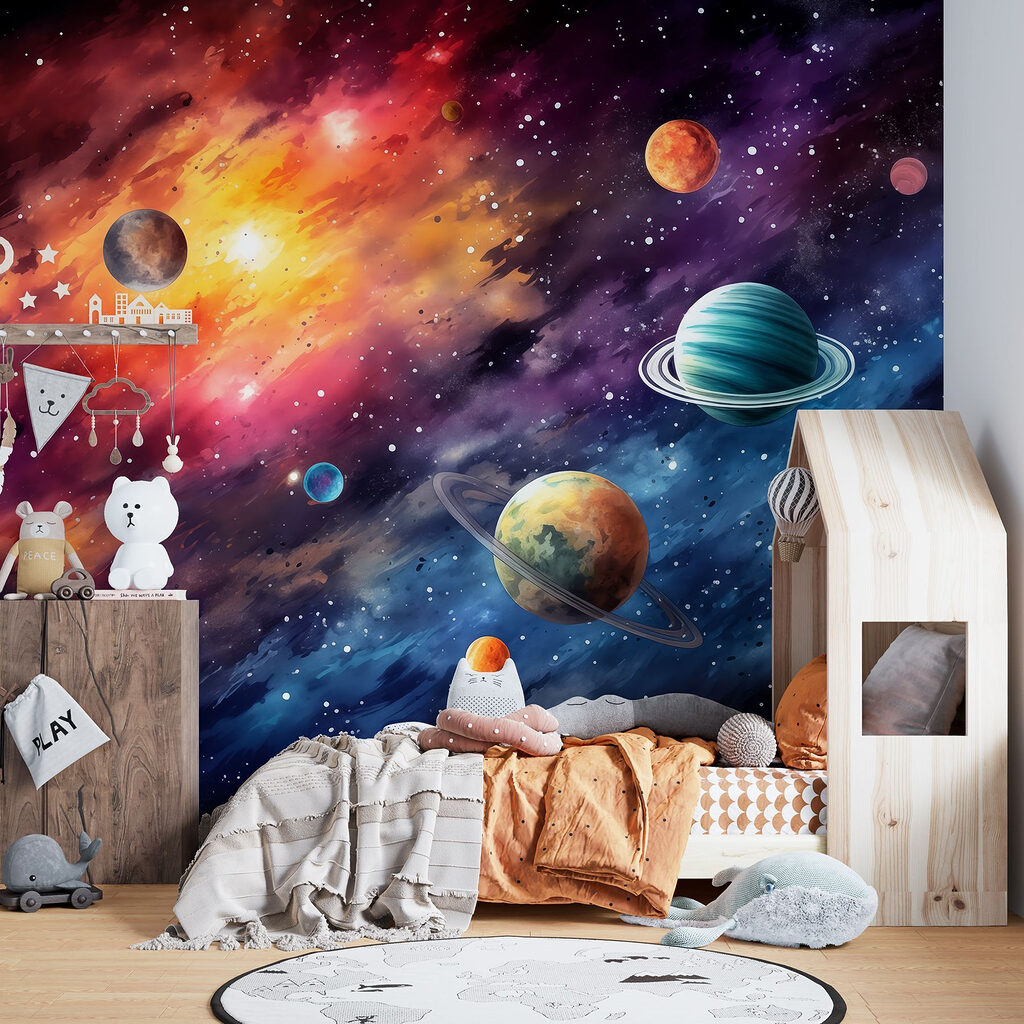 Pianeti tra nuvole luminose in un ambiente