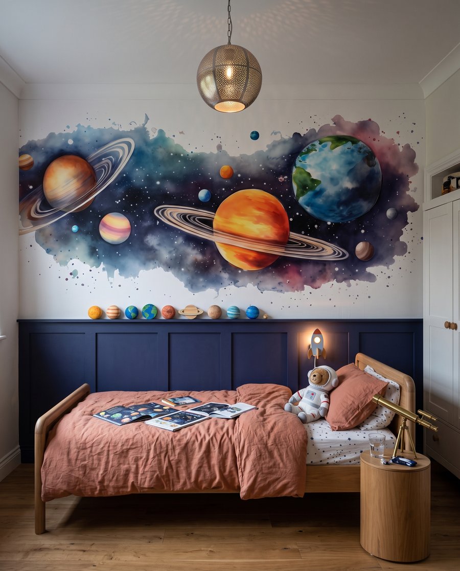 Pianeti su macchie colorate in un ambiente