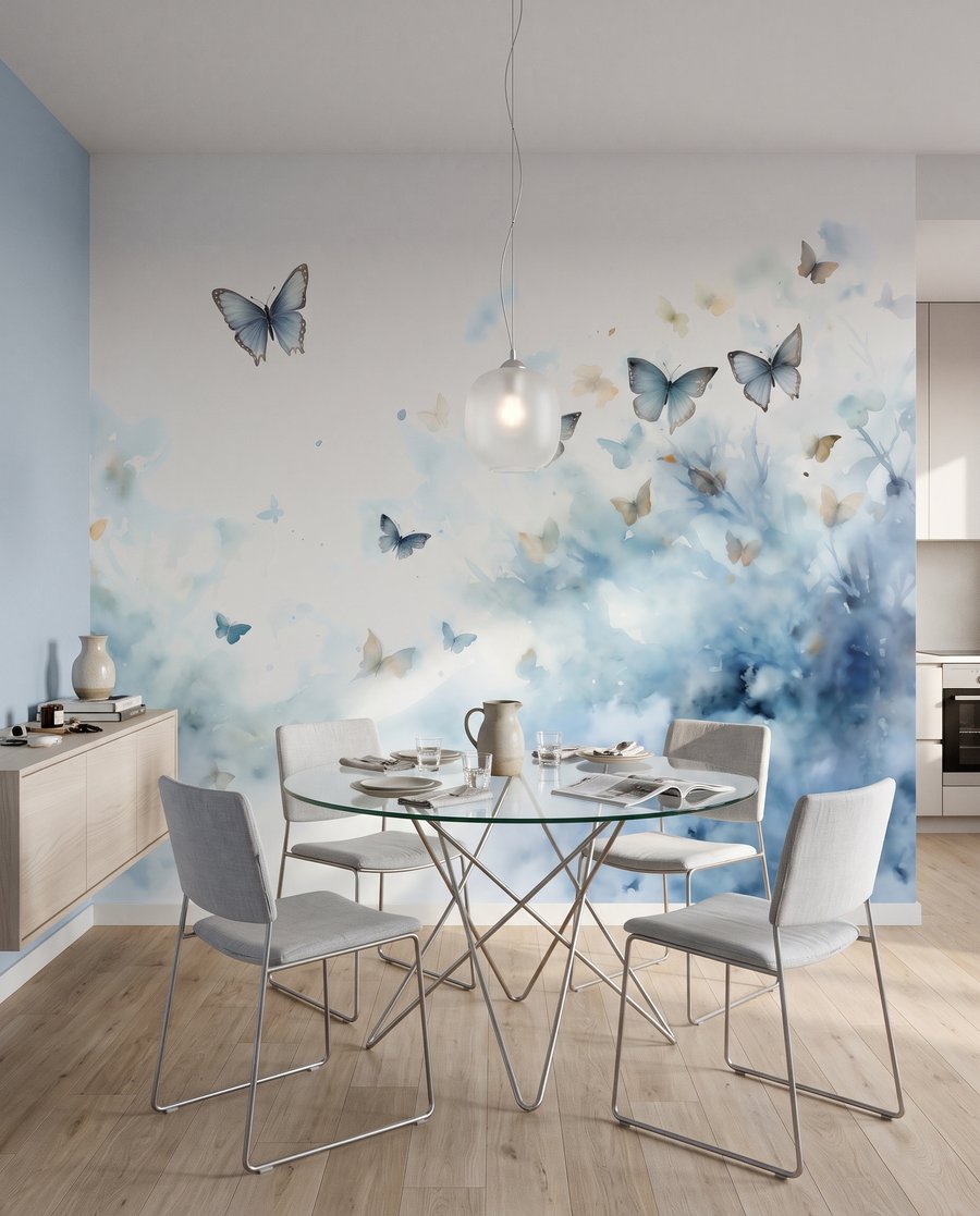 Farfalle in nuvole blu in un ambiente
