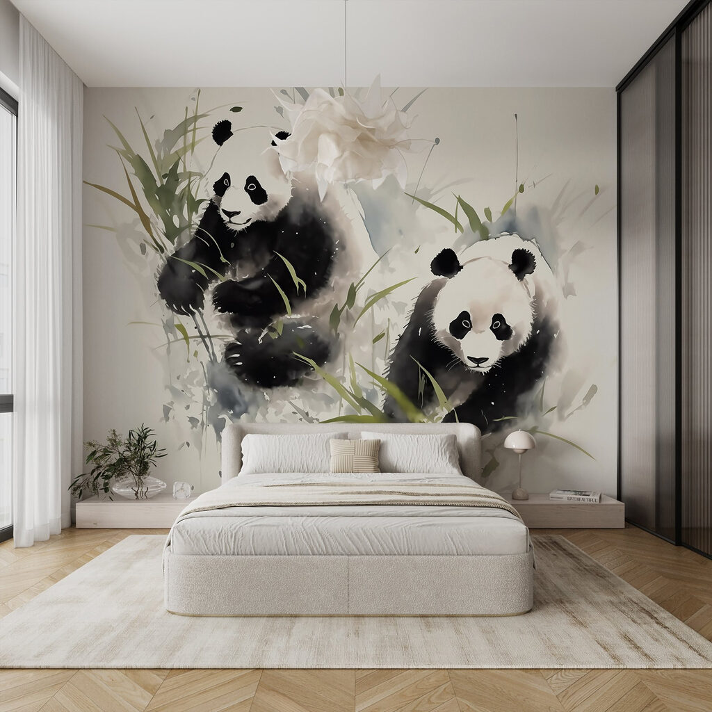 Due panda tra bambù in un ambiente