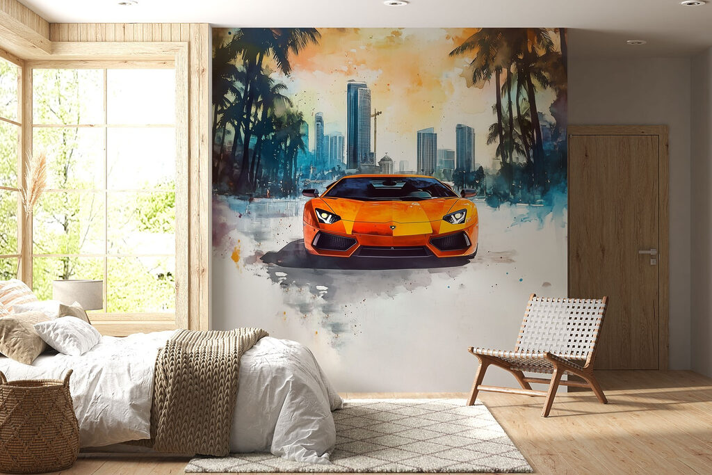 Auto sportiva arancione in un ambiente
