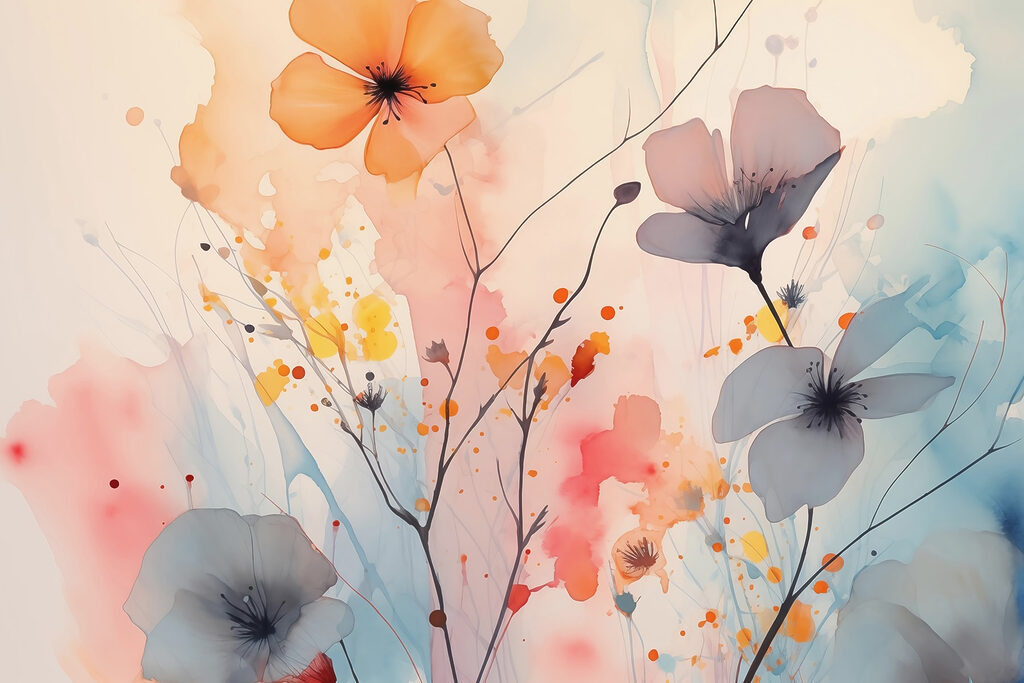 Fiori tra macchie colorate — design completo