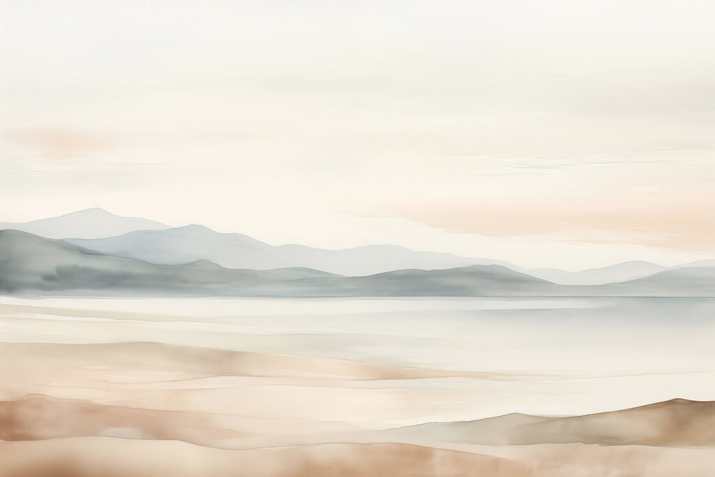 Lago e colline grigio-verdi — design completo