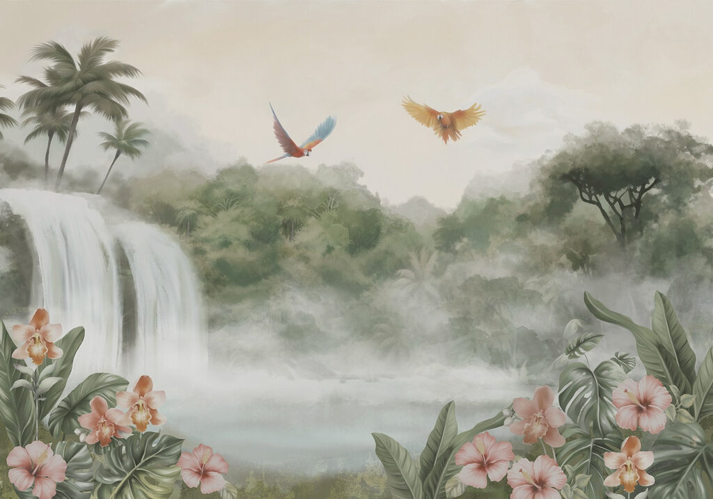 Cascata tra uccelli tropicali — design completo