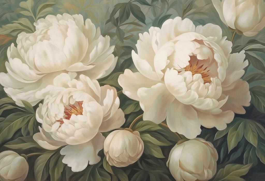 Fiori crema su grigio-verde — design completo