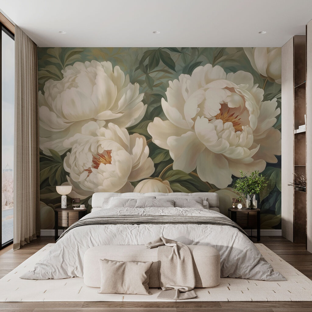 Fiori crema su grigio-verde in un ambiente