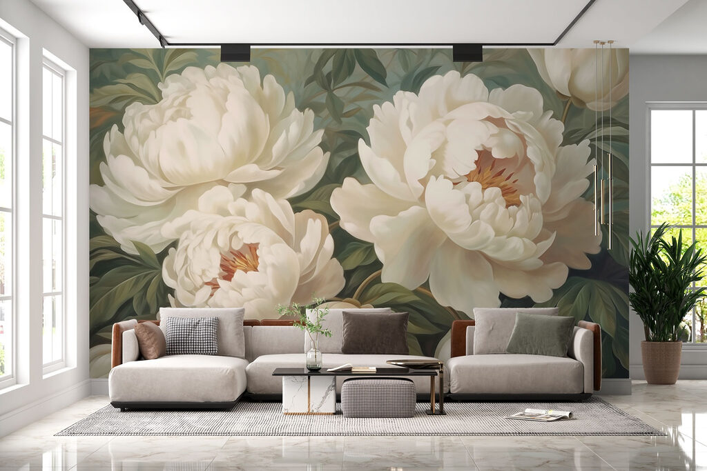 Fiori crema su grigio-verde — ambiente 3