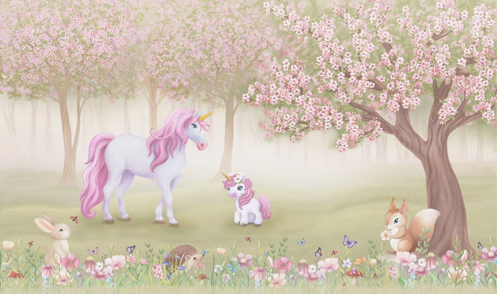 Unicorni tra fiori rosa — design completo