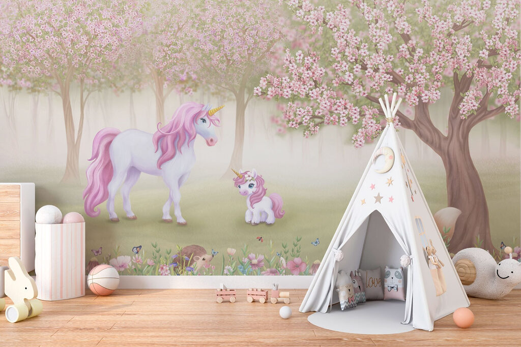 Unicorni tra fiori rosa — ambiente 2