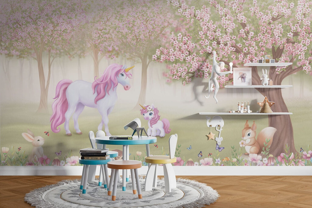 Unicorni tra fiori rosa — ambiente 3