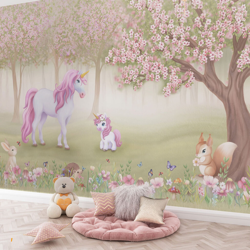 Unicorni tra fiori rosa — ambiente 4