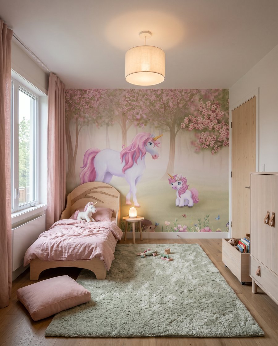 Unicorni tra fiori rosa in un ambiente