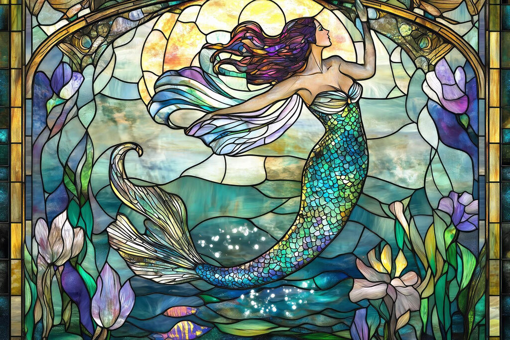 Sirena in vetrata colorata — design completo