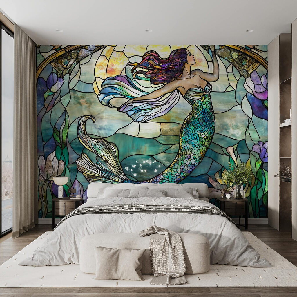 Sirena in vetrata colorata in un ambiente