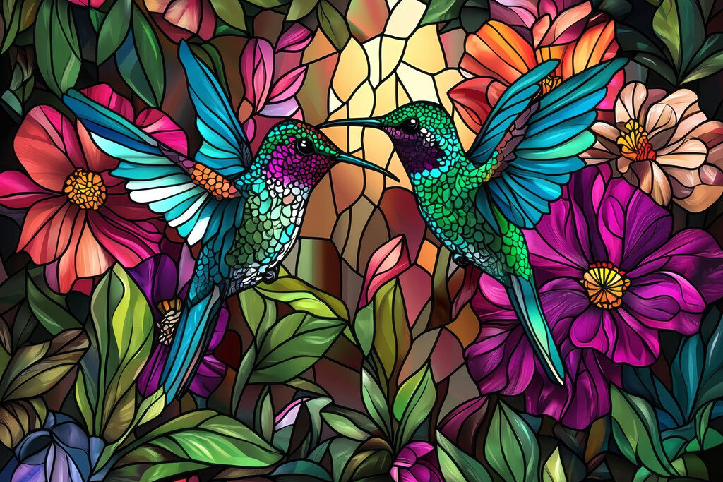 Colibrì tra fiori colorati — design completo