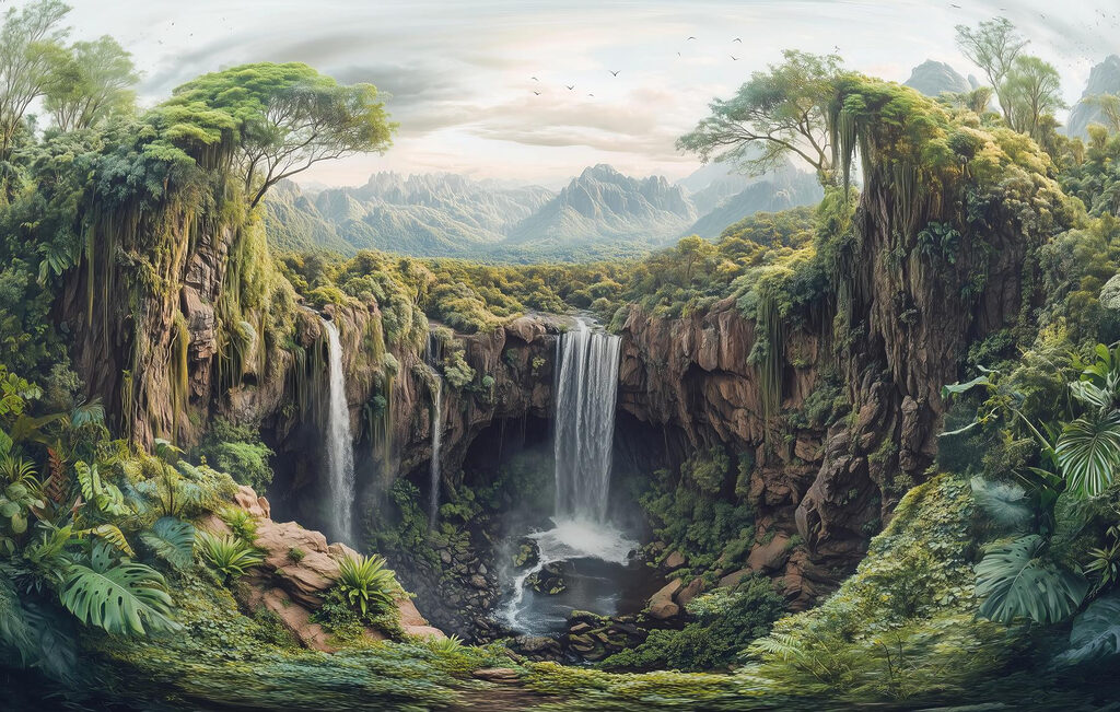 Cascata tra rocce boscose — design completo