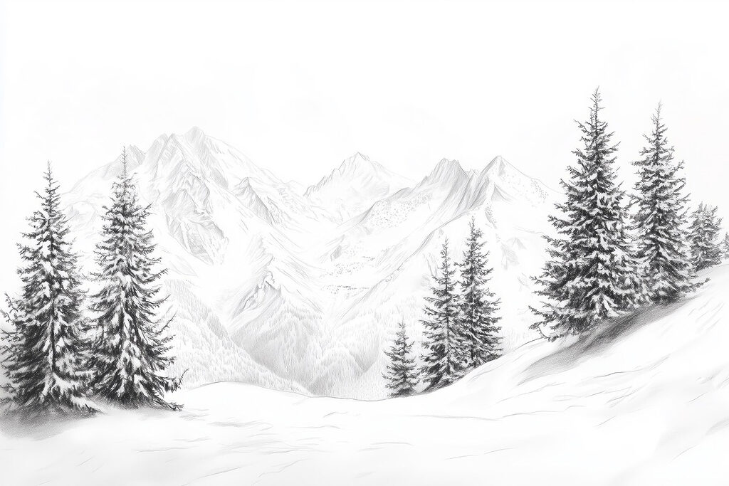 Pini sotto cime bianche — design completo