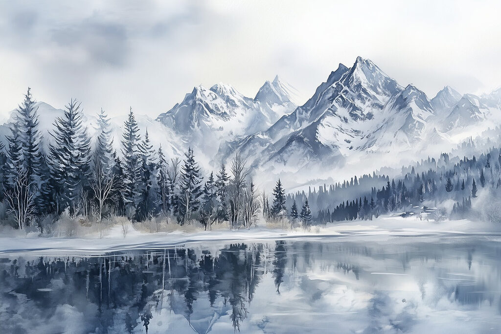 Cime innevate sul lago — design completo