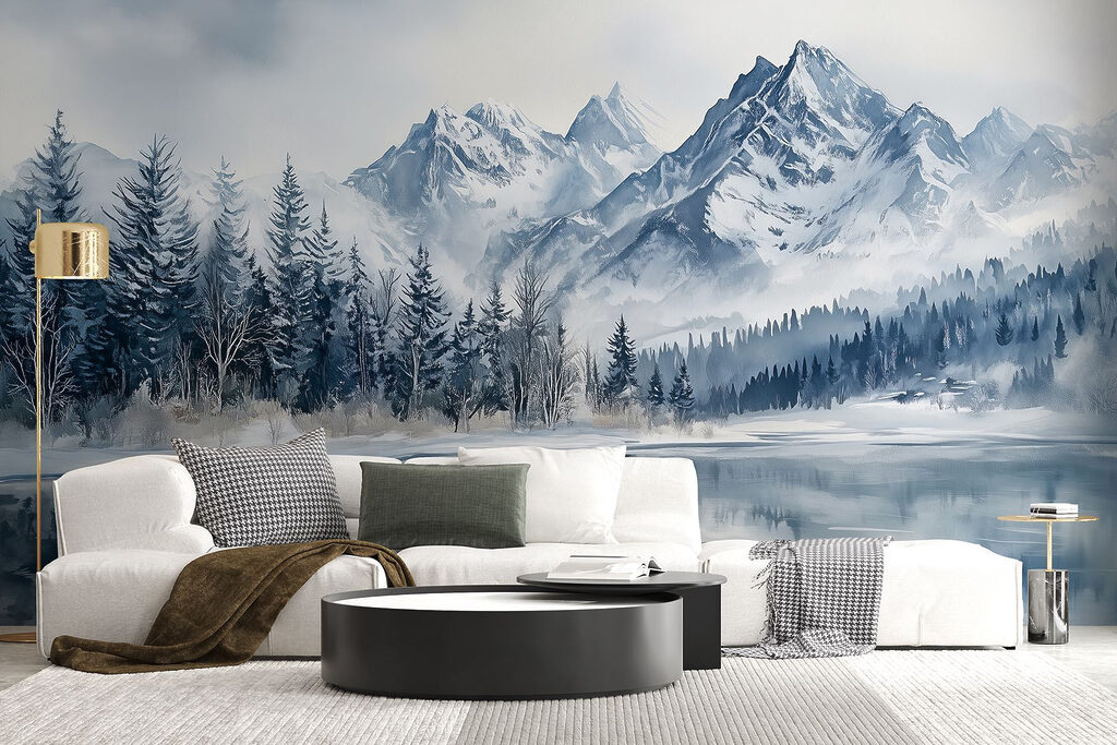 Cime innevate sul lago in un ambiente