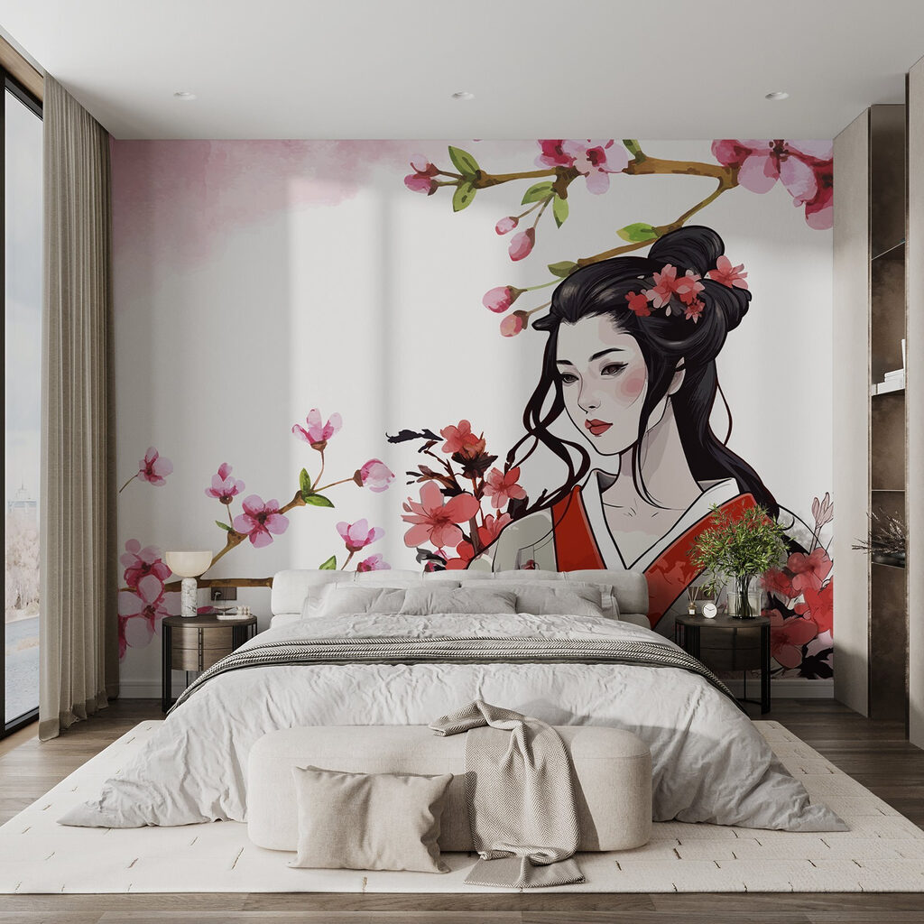 Donna tra fiori rosa — ambiente 1
