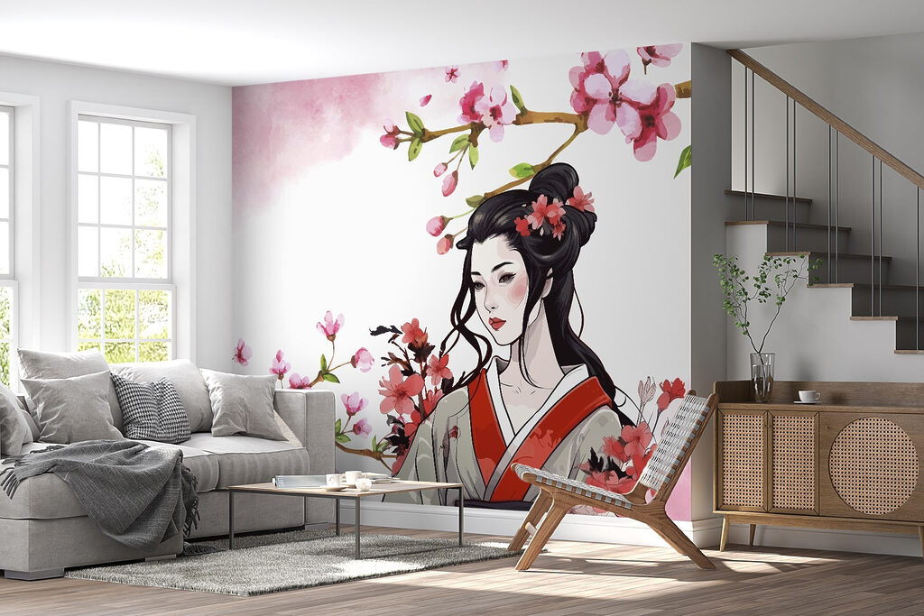 Donna tra fiori rosa — ambiente 2