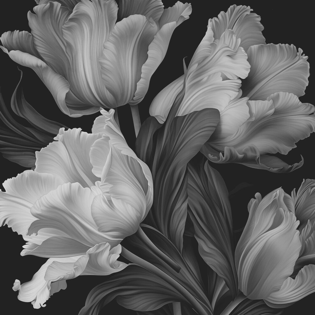 Tulipani grigi su nero — design completo