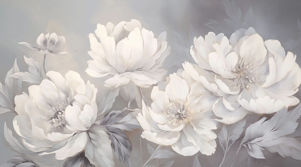 Peonie bianche su grigio — design completo