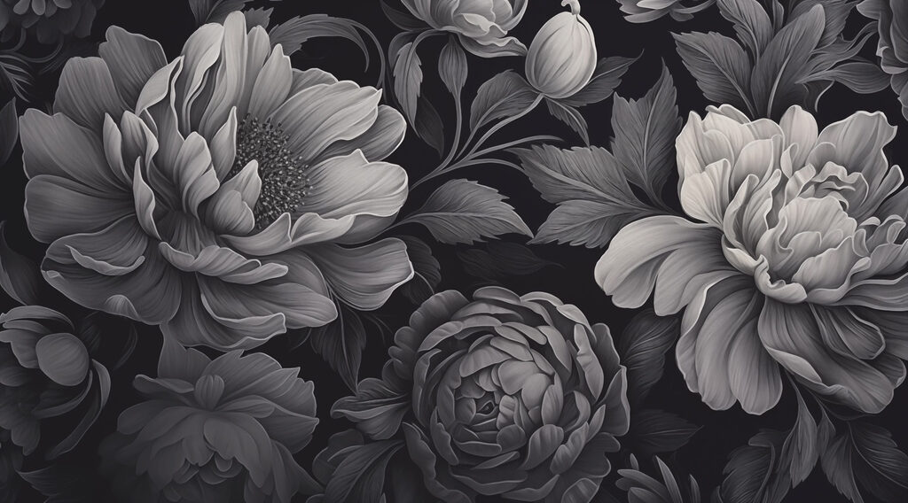 Fiori grigi su nero — design completo
