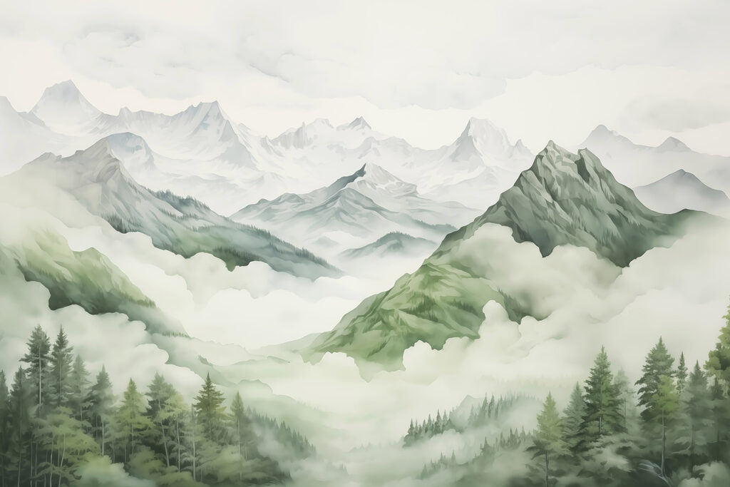 Pendii verdi nella nebbia — design completo
