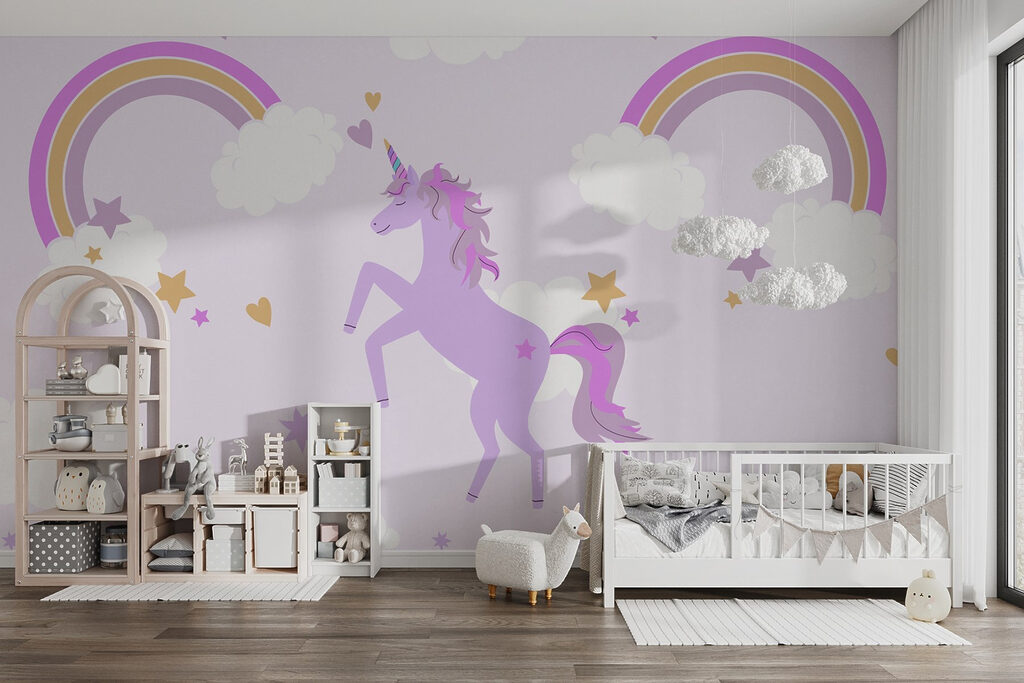 Unicorno tra arcobaleni in un ambiente