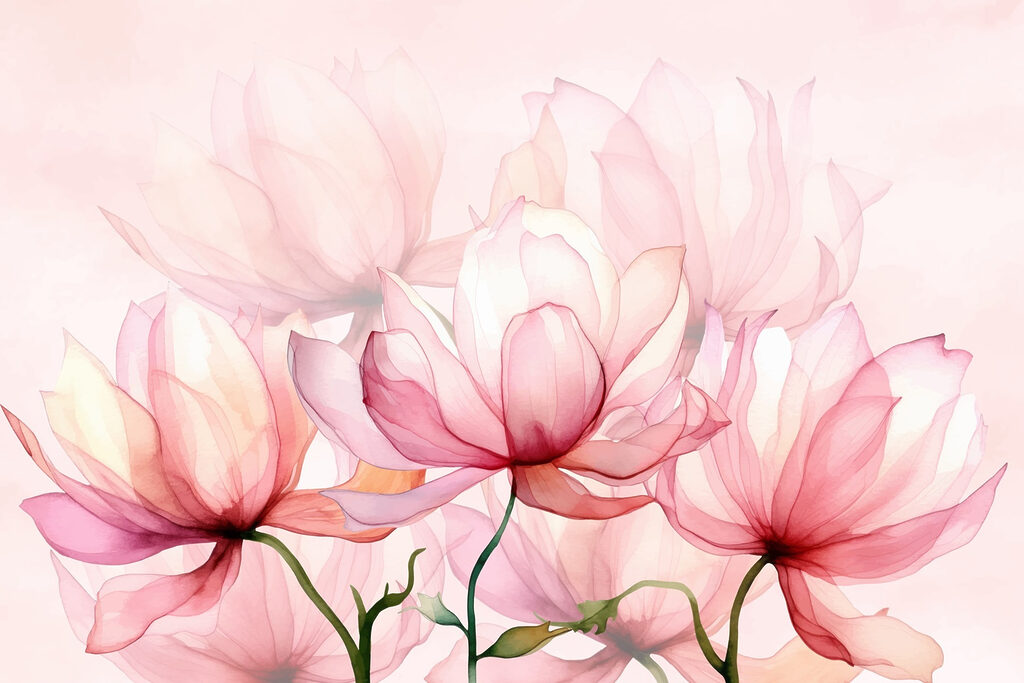 Fiori rosa sfumati trasparenti — design completo