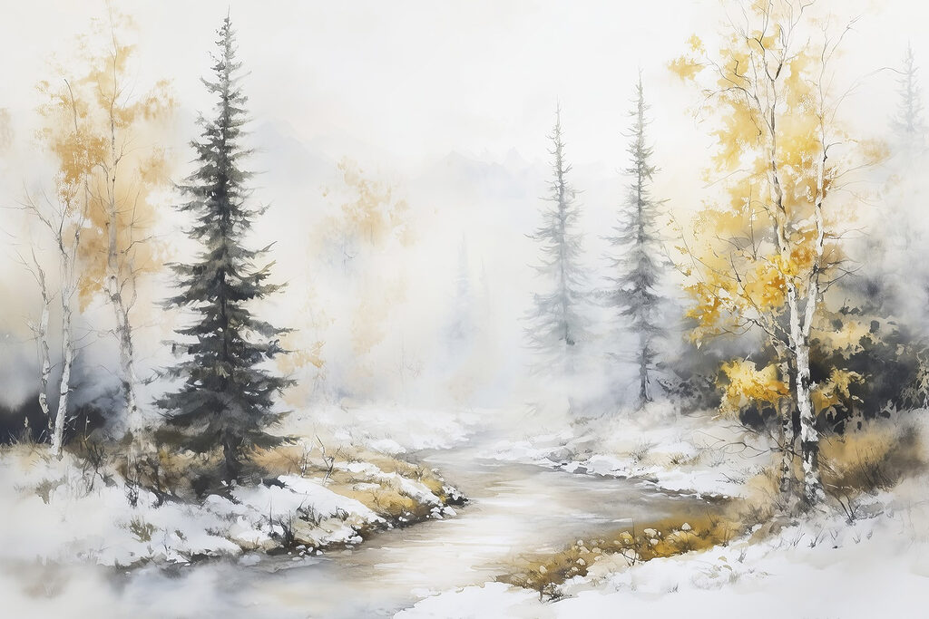 Ruscello tra alberi gialli — design completo
