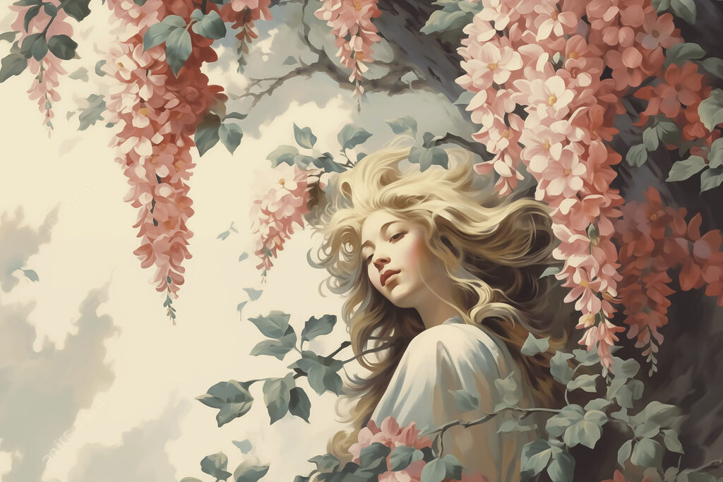 Donna sotto fiori pendenti — design completo