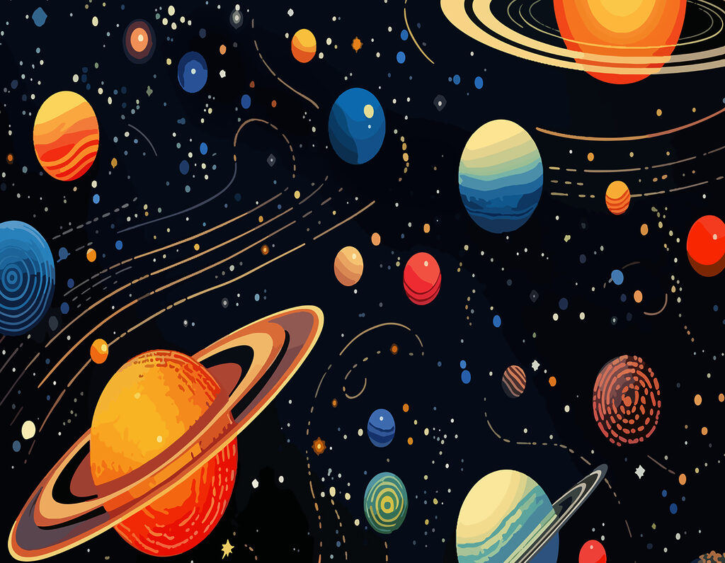 Pianeti su fasce dorate — design completo