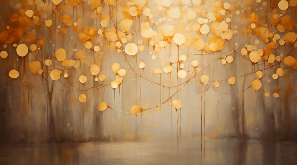 Sfere dorate tra alberi — design completo