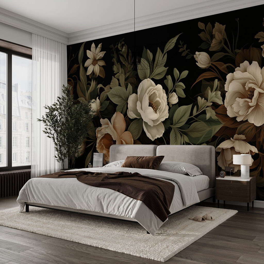Fiori antichi su nero in un ambiente