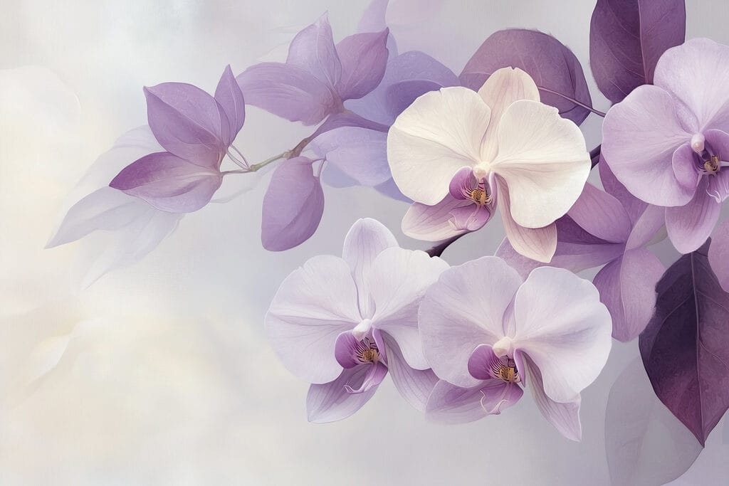 Orchidea tra foglie viola — design completo