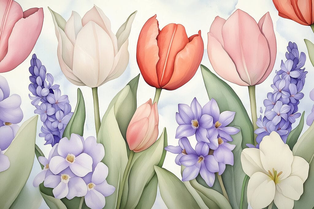 Tulipani tra fiori viola — design completo