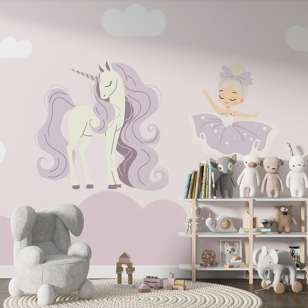 Unicorno e ballerina in un ambiente