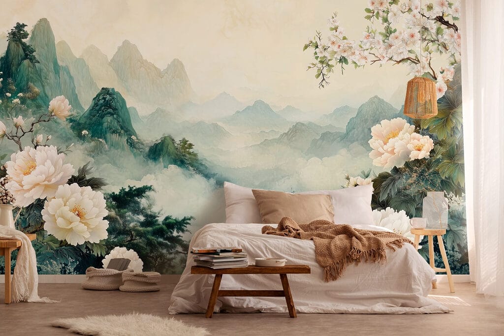 Peonie e monti nebbiosi — ambiente 1