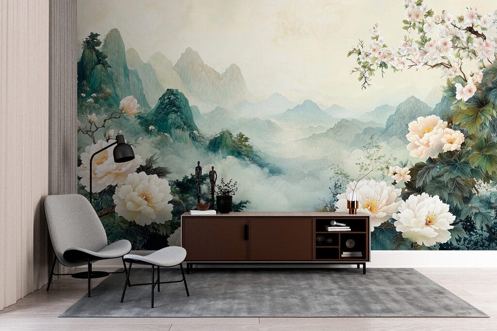 Peonie e monti nebbiosi — ambiente 5