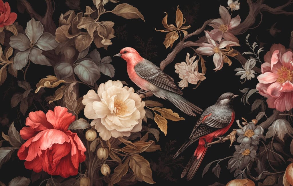 Uccelli tra fiori scuri — design completo