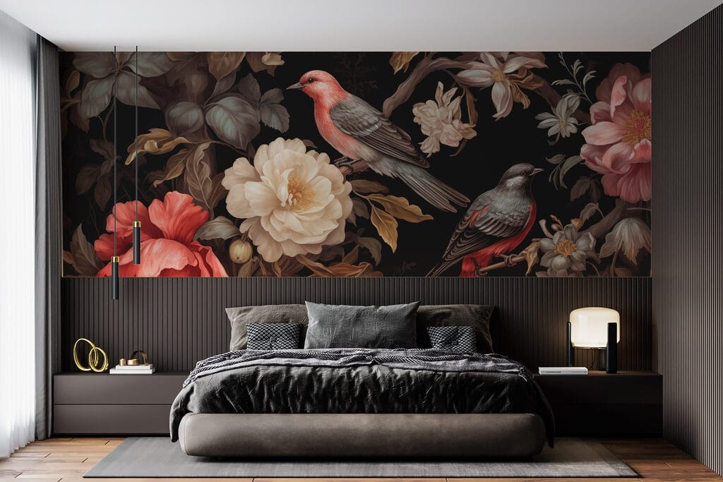 Uccelli tra fiori scuri — ambiente 1